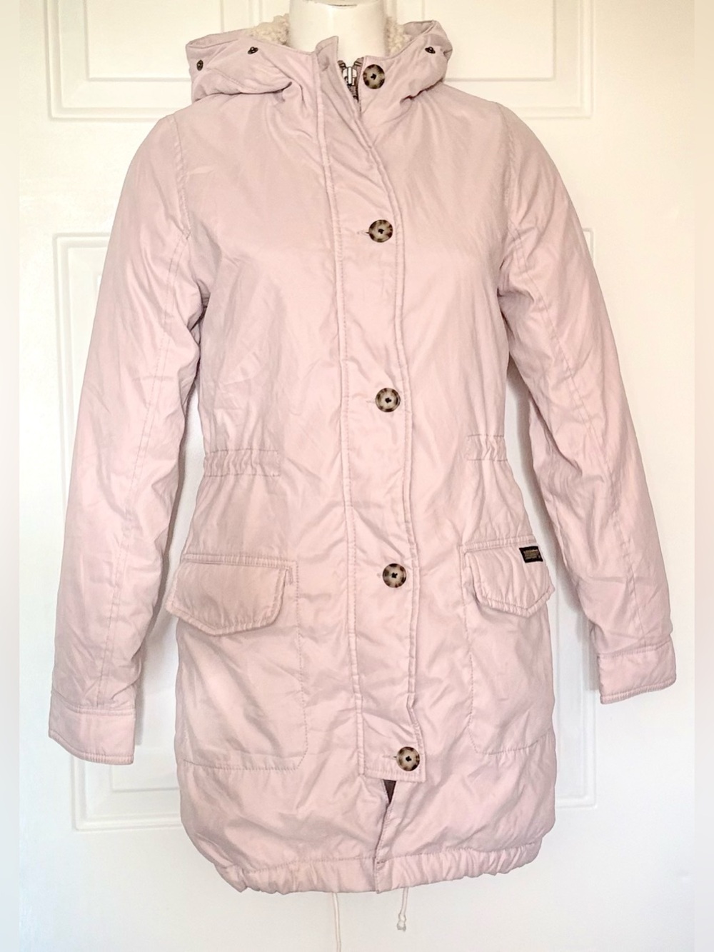 Soft Pink Cotton blend parka jacket, Abercrombie & Fitch sherpa-lined hooded S